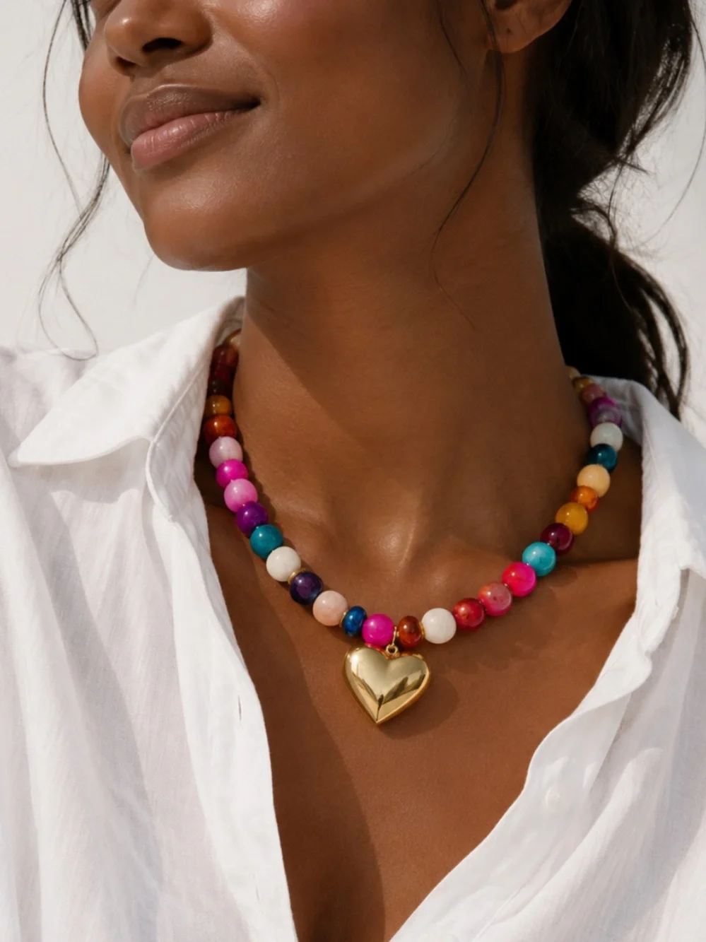 New! Colorful Beaded Gold Heart Pendant Dopamine Necklace (1039)